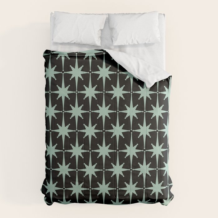 Atomic Age 1950s Retro Starburst Pattern in Mid-Century Modern Mint and Black Comforter Gallery Image 1