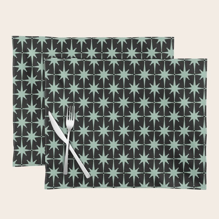 Atomic Age 1950s Retro Starburst Pattern in Mid-Century Modern Mint and Black Placemat Gallery Image 1