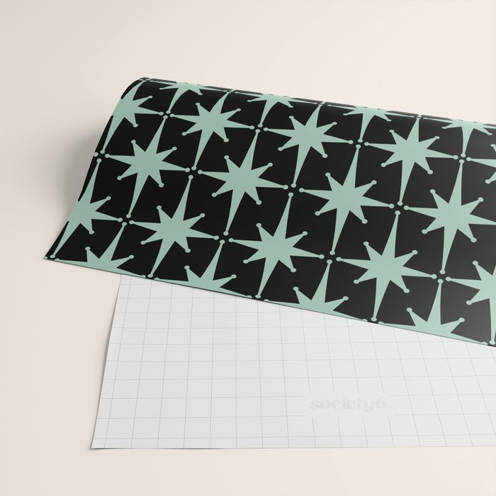 Atomic Age 1950s Retro Starburst Pattern in Mid-Century Modern Mint and Black Wrapping Paper Gallery Image 2