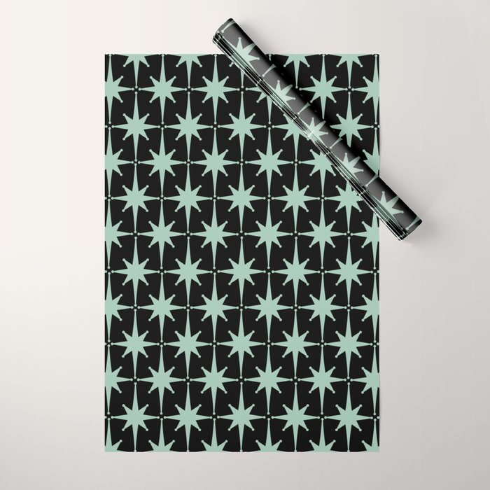 Atomic Age 1950s Retro Starburst Pattern in Mid-Century Modern Mint and Black Wrapping Paper Gallery Image 1