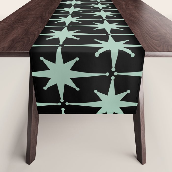 Atomic Age 1950s Retro Starburst Pattern in Mid-Century Modern Mint and Black Table Runner Gallery Image 1