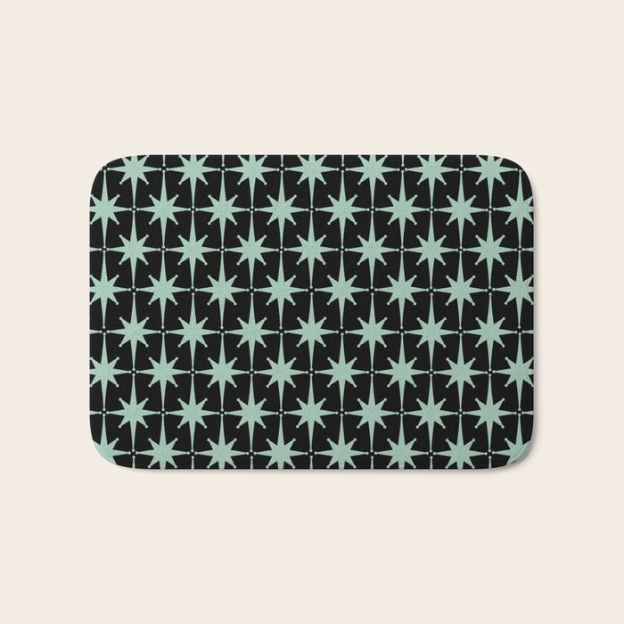 Atomic Age 1950s Retro Starburst Pattern in Mid-Century Modern Mint and Black Bath Mat Gallery Image 1