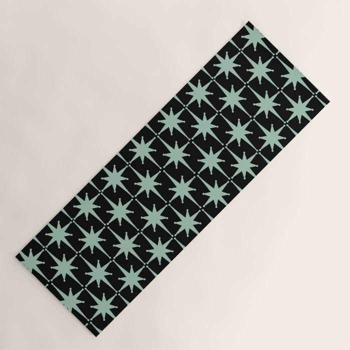 Atomic Age 1950s Retro Starburst Pattern in Mid-Century Modern Mint and Black Yoga Mat Gallery Image 1