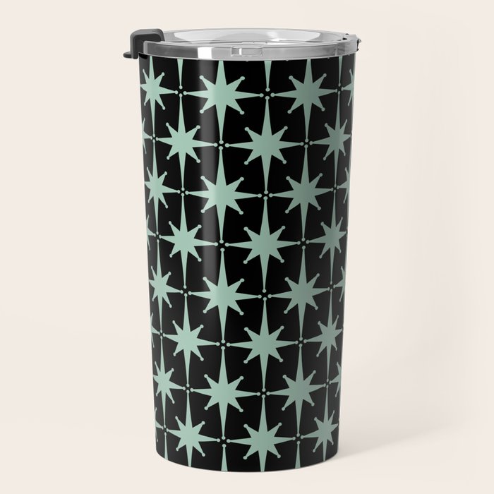 Atomic Age 1950s Retro Starburst Pattern in Mid-Century Modern Mint and Black Travel Mug Gallery Image 3
