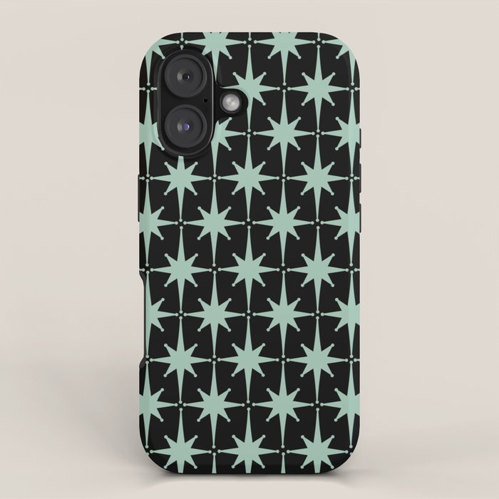 Atomic Age 1950s Retro Starburst Pattern in Mid-Century Modern Mint and Black iPhone Case Gallery Image 1