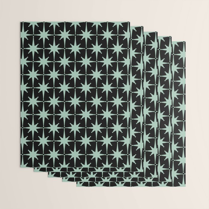 Atomic Age 1950s Retro Starburst Pattern in Mid-Century Modern Mint and Black Wrapping Paper Gallery Image 3