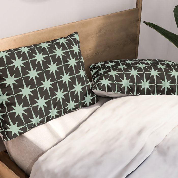 Atomic Age 1950s Retro Starburst Pattern in Mid-Century Modern Mint and Black Pillow Sham Gallery Image 2