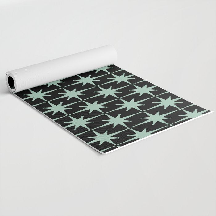 Atomic Age 1950s Retro Starburst Pattern in Mid-Century Modern Mint and Black Yoga Mat Gallery Image 2