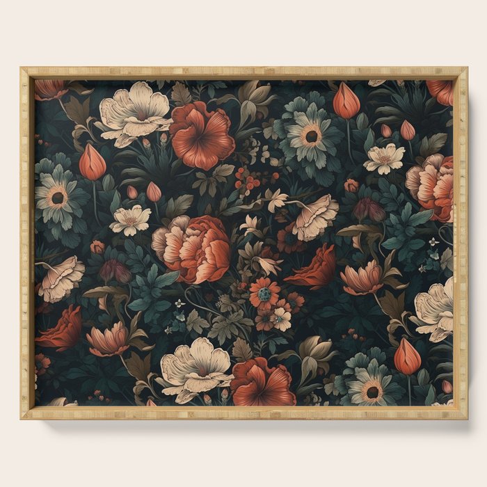 Vintage Aesthetic Beautiful Flowers, Nature Art, Dark Cottagecore Plant Collage - Flower Serving Tray Gallery Image 1