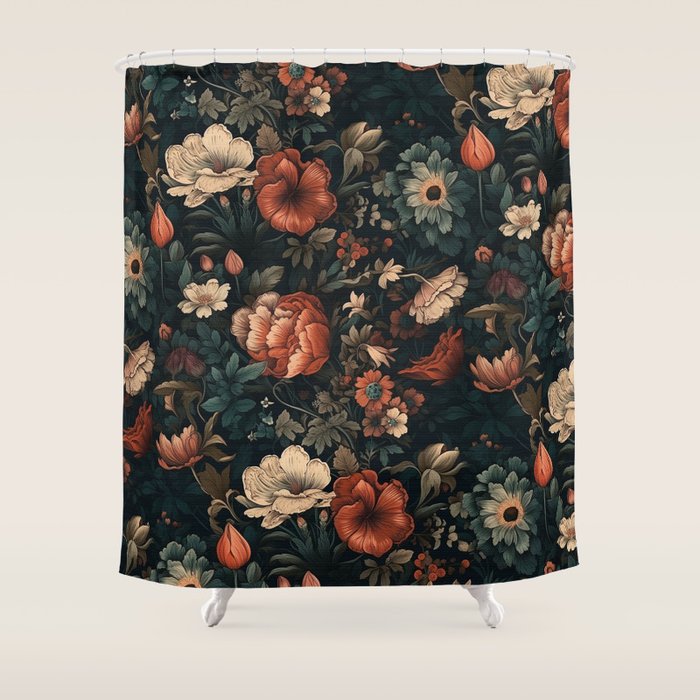 Vintage Aesthetic Beautiful Flowers, Nature Art, Dark Cottagecore Plant Collage - Flower Shower Curtain Gallery Image 1