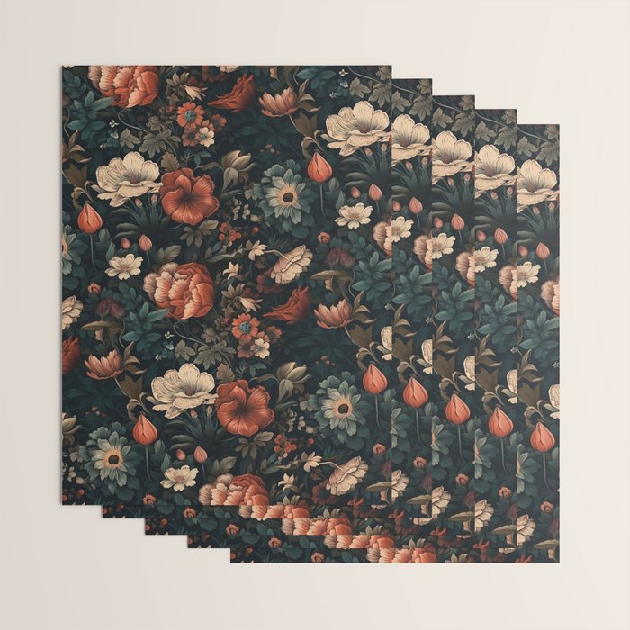 Vintage Aesthetic Beautiful Flowers, Nature Art, Dark Cottagecore Plant Collage - Flower Wrapping Paper Gallery Image 3
