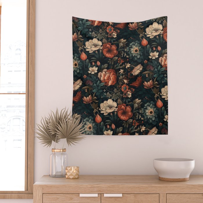 Vintage Aesthetic Beautiful Flowers, Nature Art, Dark Cottagecore Plant Collage - Flower Wall Tapestry Gallery Image 2