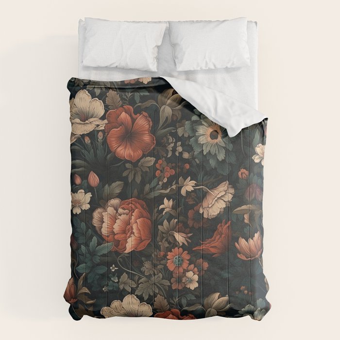 Vintage Aesthetic Beautiful Flowers, Nature Art, Dark Cottagecore Plant Collage - Flower Comforter Gallery Image 6