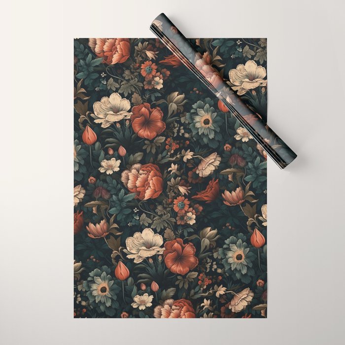 Vintage Aesthetic Beautiful Flowers, Nature Art, Dark Cottagecore Plant Collage - Flower Wrapping Paper Gallery Image 1