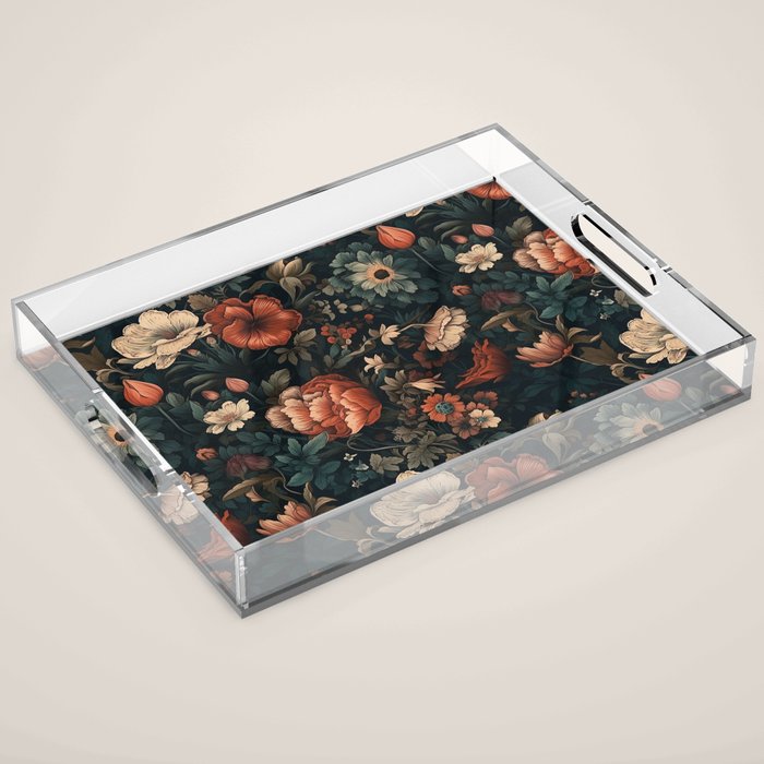 Vintage Aesthetic Beautiful Flowers, Nature Art, Dark Cottagecore Plant Collage - Flower Acrylic Tray Gallery Image 1