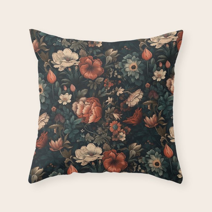 Vintage Aesthetic Beautiful Flowers, Nature Art, Dark Cottagecore Plant Collage - Flower Throw Pillow Gallery Image 6