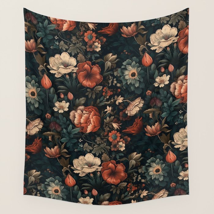 Vintage Aesthetic Beautiful Flowers, Nature Art, Dark Cottagecore Plant Collage - Flower Wall Tapestry Gallery Image 1