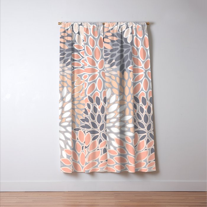 Flowers Abstract Print, Coral, Peach, Gray Window Curtain Gallery Image 3