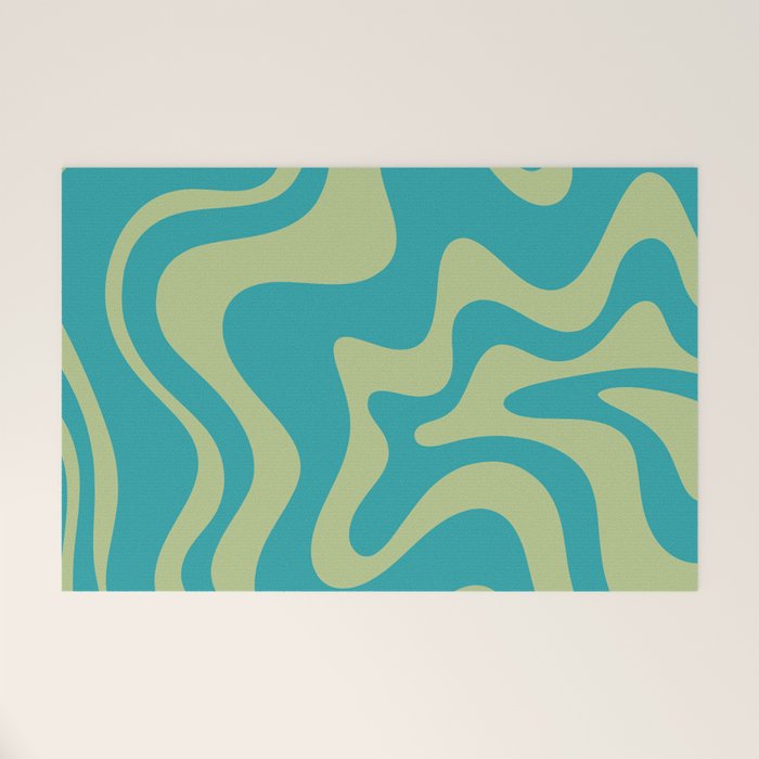 Retro Liquid Swirl Abstract Pattern Teal Blue and Celery Sage Green Welcome Mat Gallery Image 1