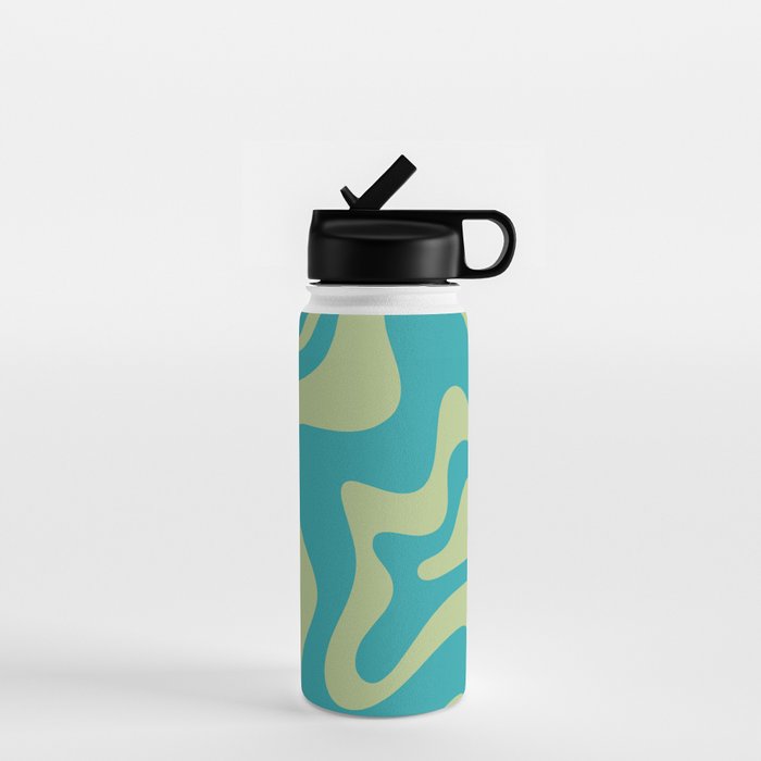 Retro Liquid Swirl Abstract Pattern Teal Blue and Celery Sage Green Water Bottle Gallery Image 1
