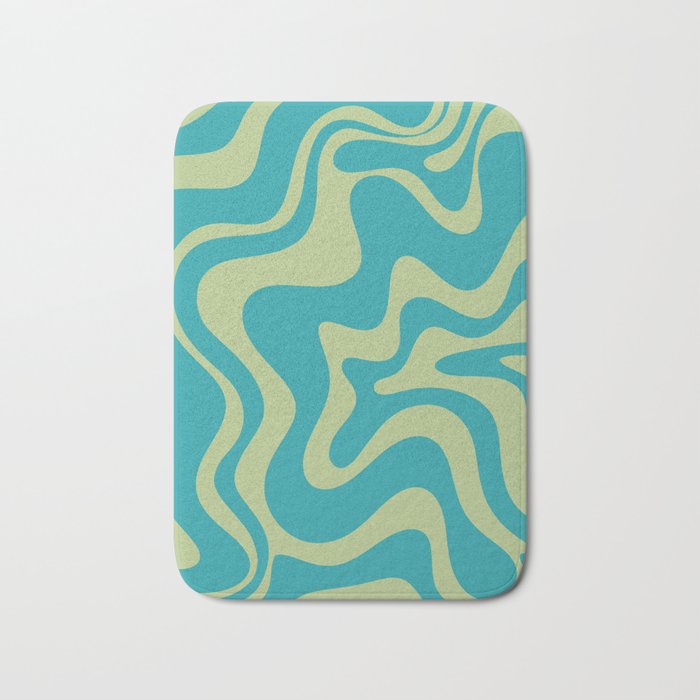 Retro Liquid Swirl Abstract Pattern Teal Blue and Celery Sage Green Bath Mat Gallery Image 1