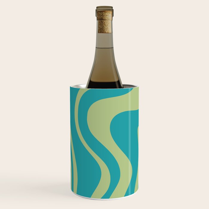 Retro Liquid Swirl Abstract Pattern Teal Blue and Celery Sage Green Wine Chiller Gallery Image 2
