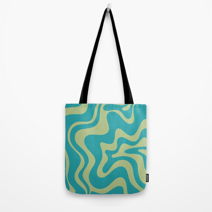 Retro Liquid Swirl Abstract Pattern Teal Blue and Celery Sage Green Tote Bag Gallery Image 2