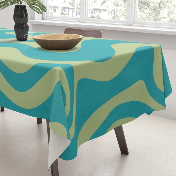 Retro Liquid Swirl Abstract Pattern Teal Blue and Celery Sage Green Tablecloth Gallery Image 3