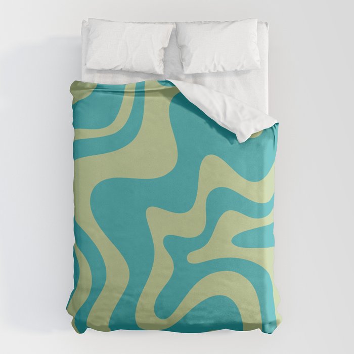 Retro Liquid Swirl Abstract Pattern Teal Blue and Celery Sage Green Duvet Cover Gallery Image 6