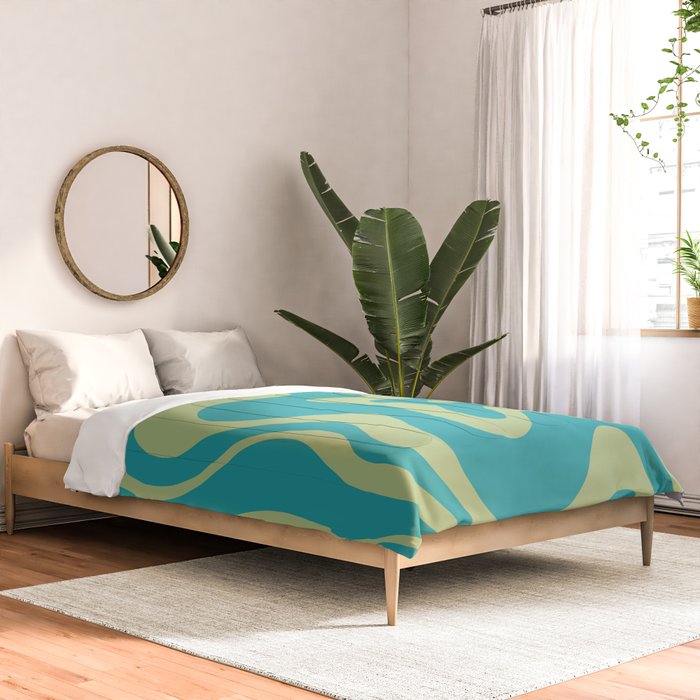 Retro Liquid Swirl Abstract Pattern Teal Blue and Celery Sage Green Comforter Gallery Image 2