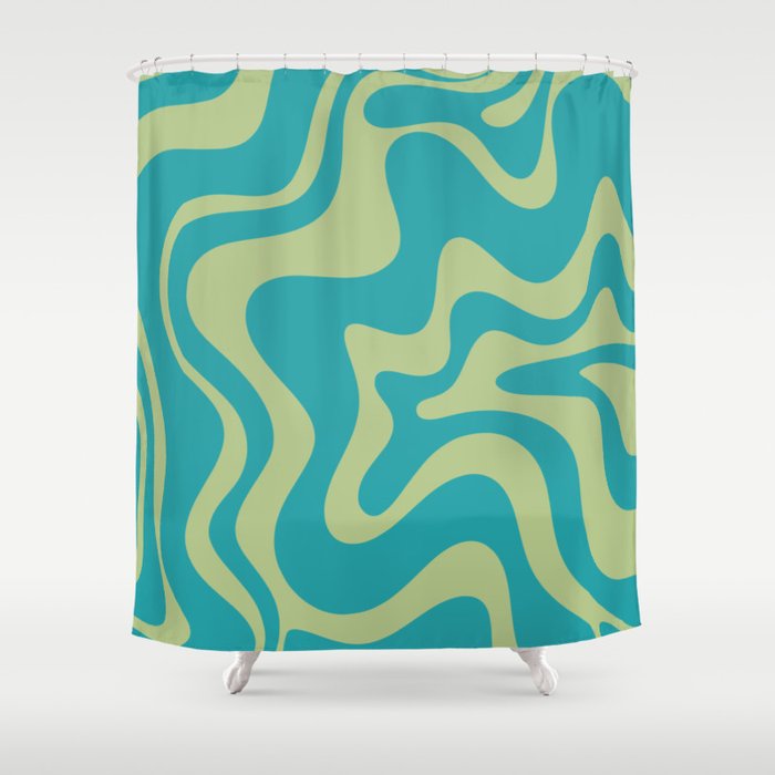 Retro Liquid Swirl Abstract Pattern Teal Blue and Celery Sage Green Shower Curtain Gallery Image 1