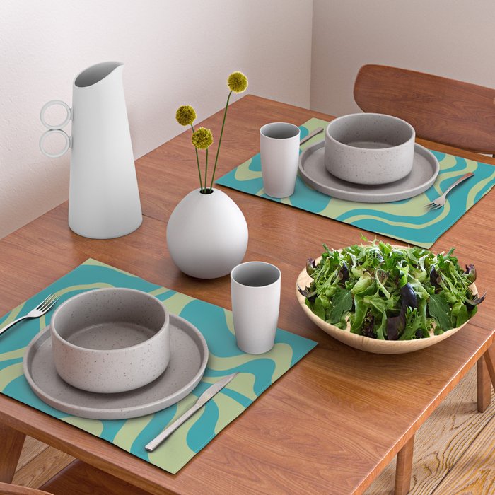 Retro Liquid Swirl Abstract Pattern Teal Blue and Celery Sage Green Placemat Gallery Image 2