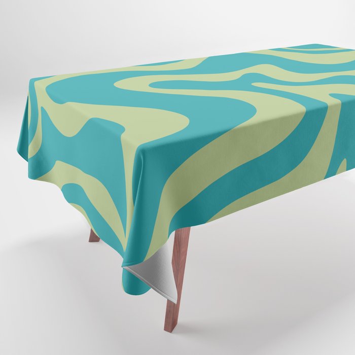 Retro Liquid Swirl Abstract Pattern Teal Blue and Celery Sage Green Tablecloth Gallery Image 1