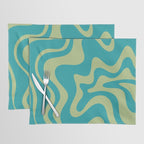 Retro Liquid Swirl Abstract Pattern Teal Blue and Celery Sage Green Placemat Gallery Image 1