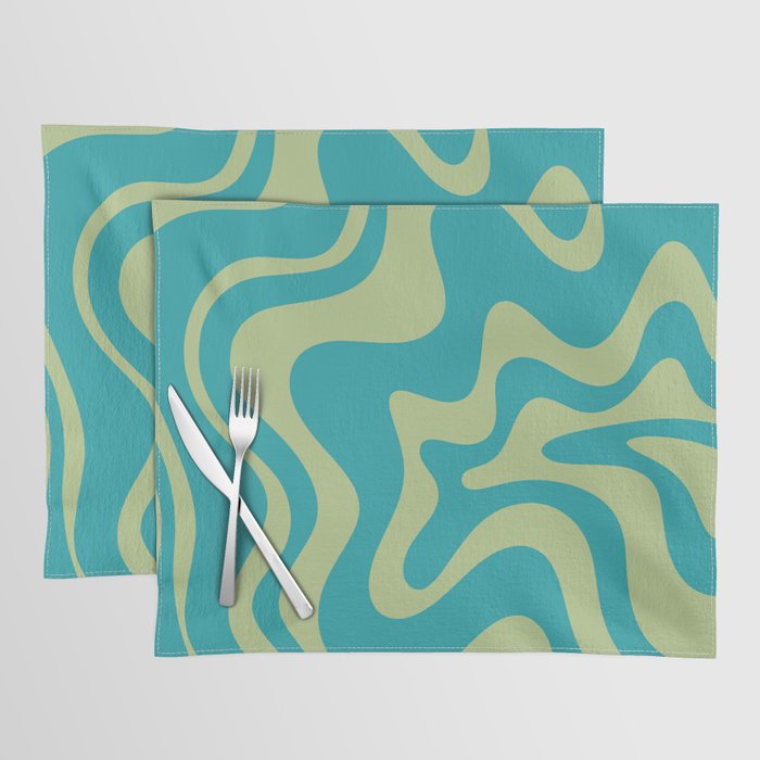 Retro Liquid Swirl Abstract Pattern Teal Blue and Celery Sage Green Placemat Gallery Image 1