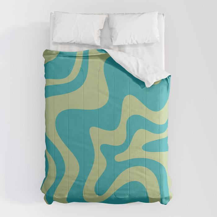 Retro Liquid Swirl Abstract Pattern Teal Blue and Celery Sage Green Comforter Gallery Image 6