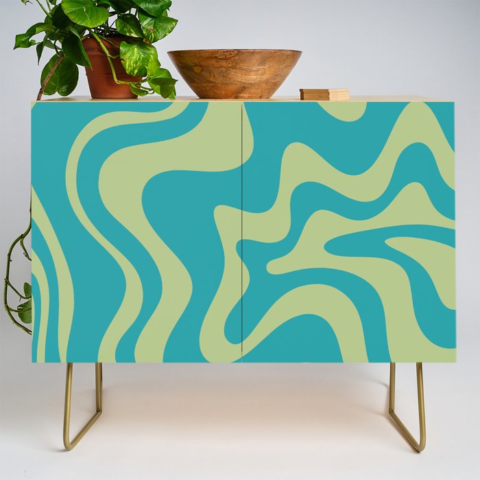 Retro Liquid Swirl Abstract Pattern Teal Blue and Celery Sage Green Credenza Gallery Image 1