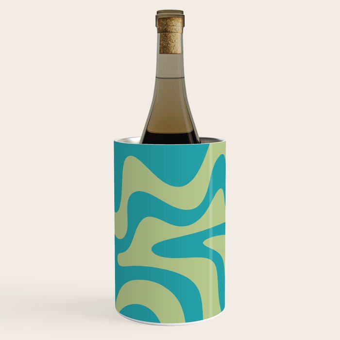 Retro Liquid Swirl Abstract Pattern Teal Blue and Celery Sage Green Wine Chiller Gallery Image 3