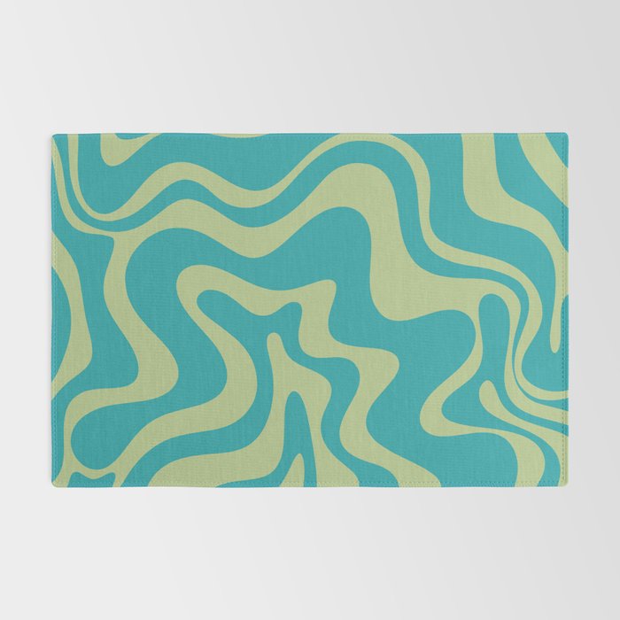 Retro Liquid Swirl Abstract Pattern Teal Blue and Celery Sage Green Rug Gallery Image 2