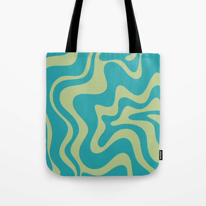 Retro Liquid Swirl Abstract Pattern Teal Blue and Celery Sage Green Tote Bag Gallery Image 1