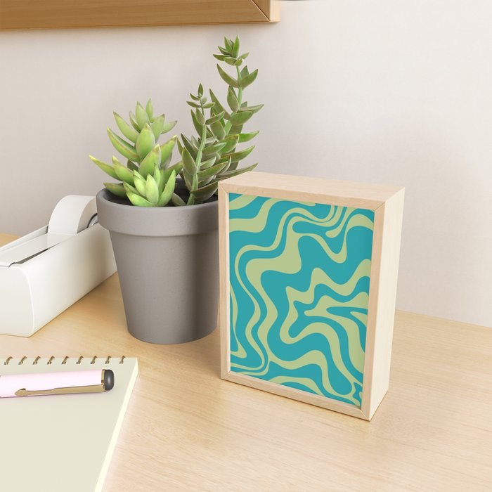 Retro Liquid Swirl Abstract Pattern Teal Blue and Celery Sage Green Mini Art Print Gallery Image 2