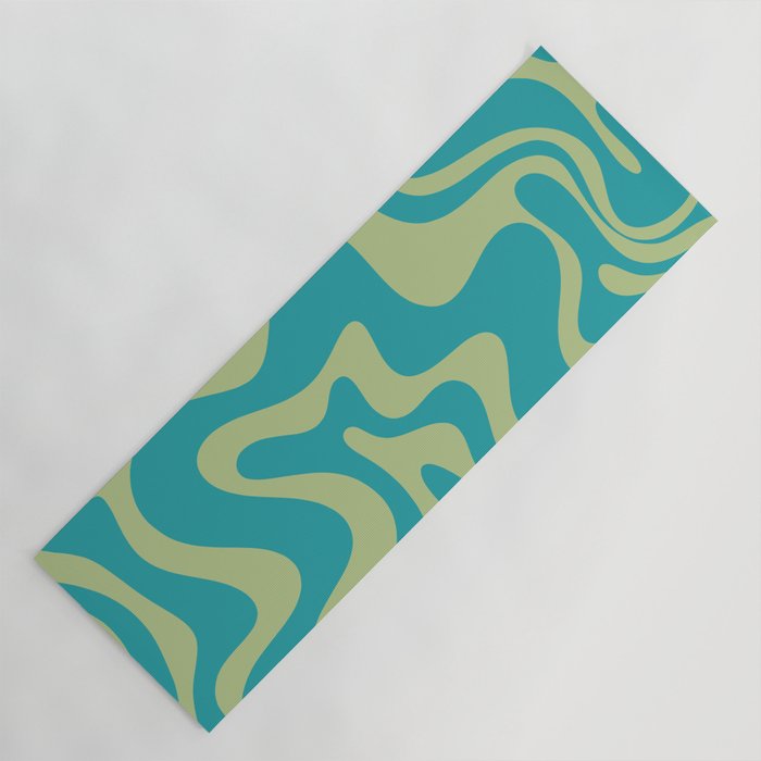Retro Liquid Swirl Abstract Pattern Teal Blue and Celery Sage Green Yoga Mat Gallery Image 1