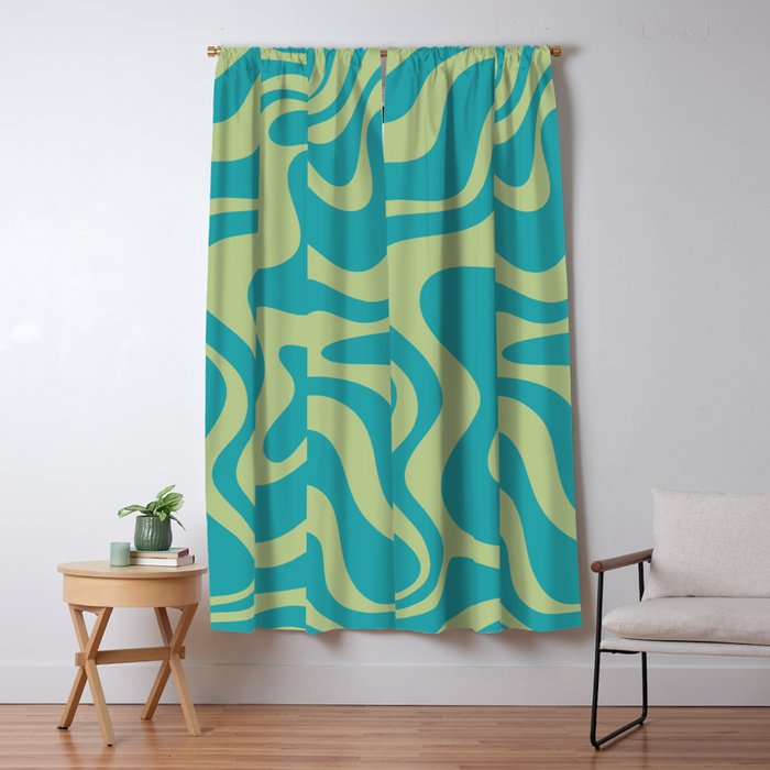 Retro Liquid Swirl Abstract Pattern Teal Blue and Celery Sage Green Window Curtain Gallery Image 1