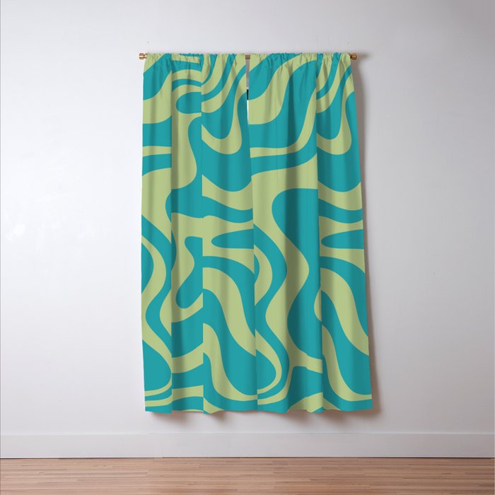 Retro Liquid Swirl Abstract Pattern Teal Blue and Celery Sage Green Window Curtain Gallery Image 3