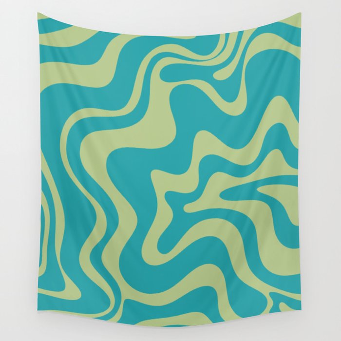 Retro Liquid Swirl Abstract Pattern Teal Blue and Celery Sage Green Wall Tapestry Gallery Image 4