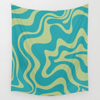 Retro Liquid Swirl Abstract Pattern Teal Blue and Celery Sage Green Wall Tapestry Gallery Image 4
