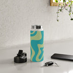 Retro Liquid Swirl Abstract Pattern Teal Blue and Celery Sage Green Water Bottle Gallery Image 4