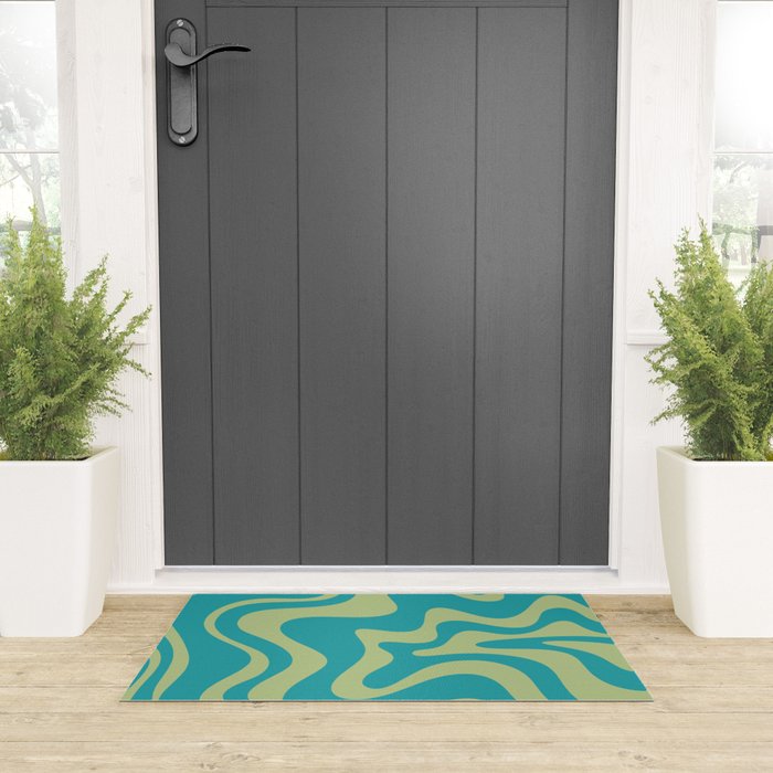 Retro Liquid Swirl Abstract Pattern Teal Blue and Celery Sage Green Welcome Mat Gallery Image 3