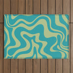 Retro Liquid Swirl Abstract Pattern Teal Blue and Celery Sage Green Outdoor Rug Gallery Image 1