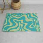 Retro Liquid Swirl Abstract Pattern Teal Blue and Celery Sage Green Rug Gallery Image 1